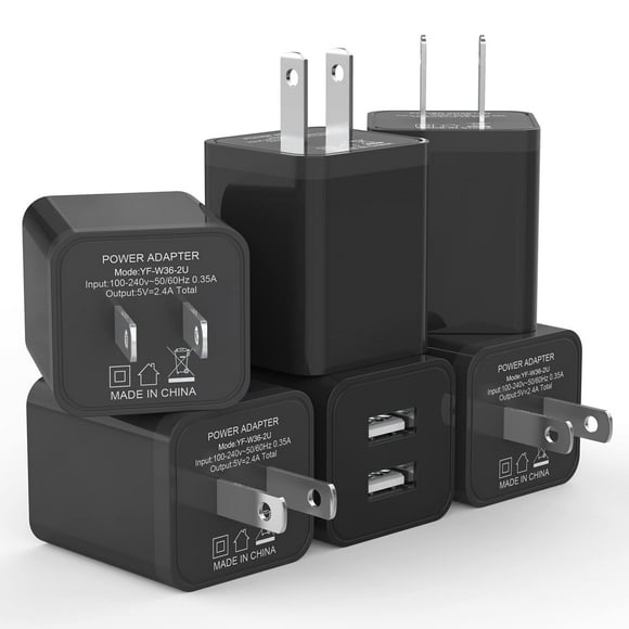 Cargador de pared USB iGenJun de 2,4 A con doble puerto USB, paquete de 6 unidades, negro