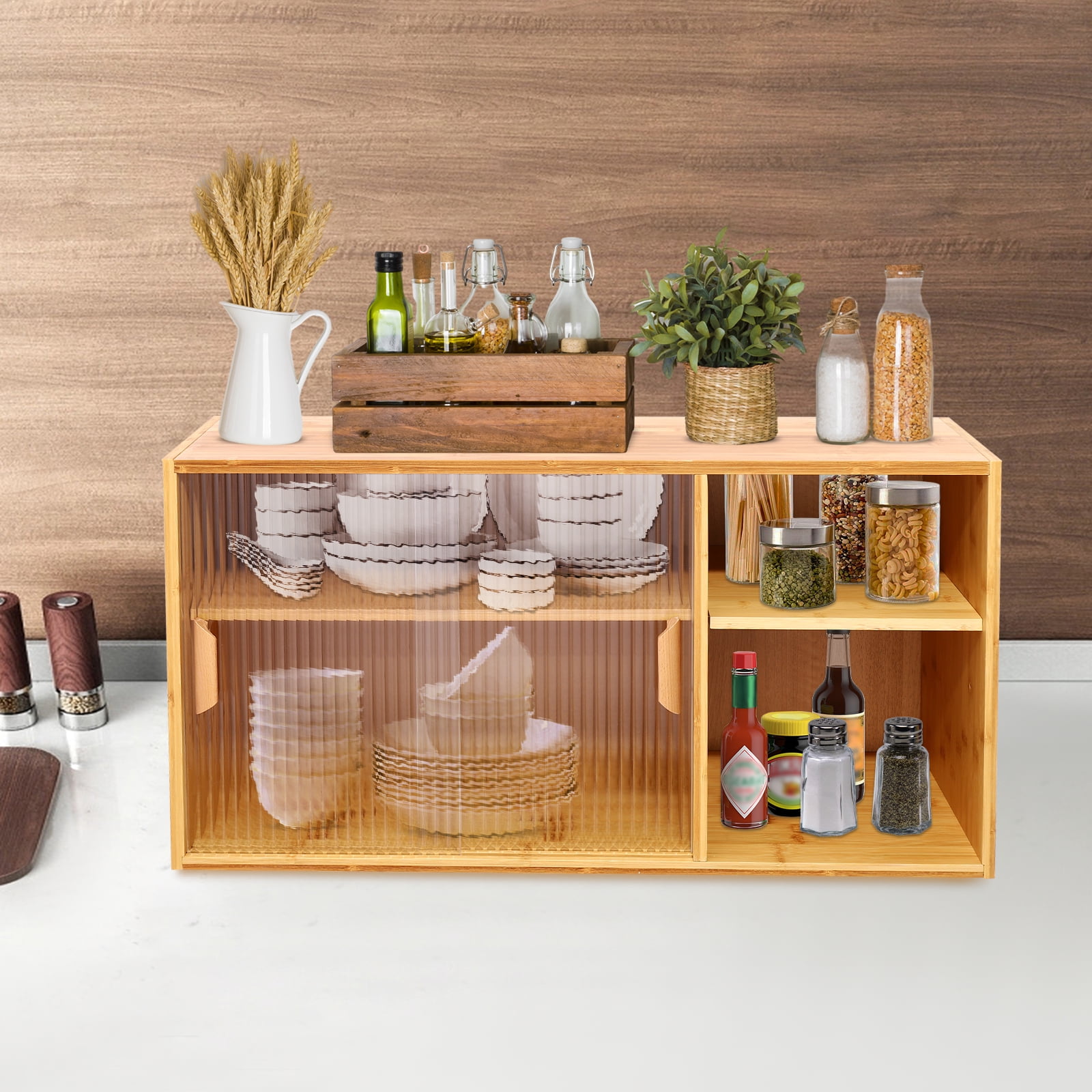 Kitchen Pantry Cabinet, Wall Mounted Bamboo Pantry Sideboard Wood Small 2-Tier Countertop Storage Cabinet with Sliding Glass Door Food & Utensils Cupboard for Dining Room, Home