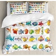 thumbnail image 1 of Fish King Size Duvet Cover Set, Collection of Sea Creatures Cartoon Style Vivid Colors Happy Fish Lined Up Abstract, Decorative 3 Piece Bedding Set with 2 Pillow Shams, Multicolor, by Ambesonne, 1 of 3