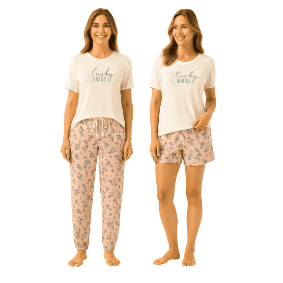 Lucky Brand Womens 3-Piece Pajama Set T-Shirt, Pant and Shorts with Drawstring (Pink Floral, X-Large)