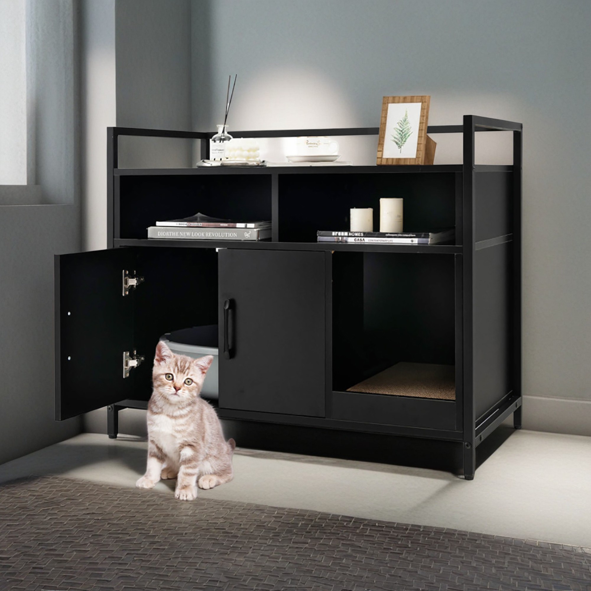 resenkos 35" Hidden Cat Litter Box Enclosure Furniture, Cat Washroom with Cat Scratcher, 2-Door Cat House, Metal Frame, Wooden Litter Box Furniture, Black
