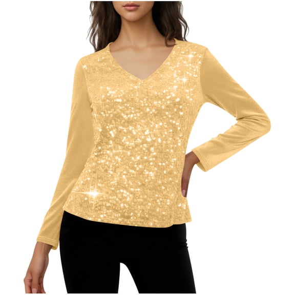 Womens Sequin Tops 3/4 Length Sleeve Tops V Neck Velvet Ruched Blouses Glitter Evening Party Concert Shirt Blouse 2025 Glitter Trendy Party Outfit