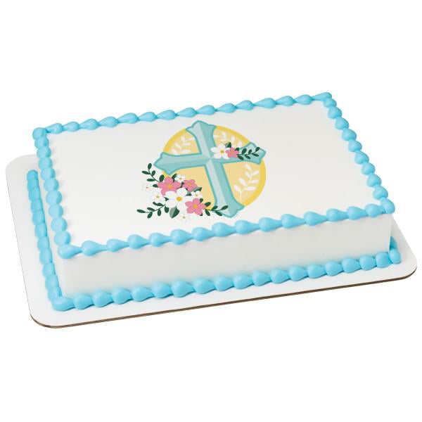 1/8 sheet Cross with Flowers Edible Cake Topper Image 
