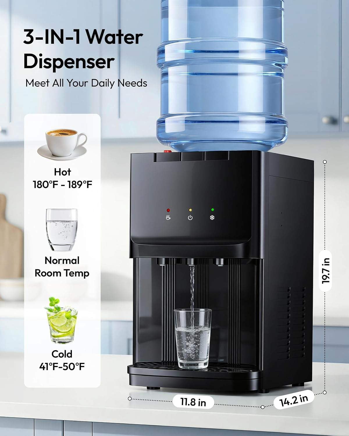 Top Load Water Dispenser for 3 or 5 Gallon Bottles, Countertop Water Cooler with Hot & Cold Settings
