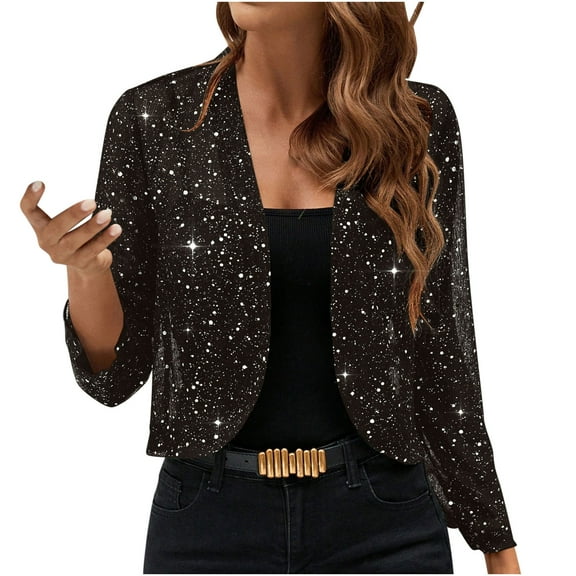 Women’s Sequin Open Front Cardigan Long Sleeve Sparkly Cropped Jacket Glitter Party Evening Coat Lightweight Dressy Shiny Outerwear,Brown,M