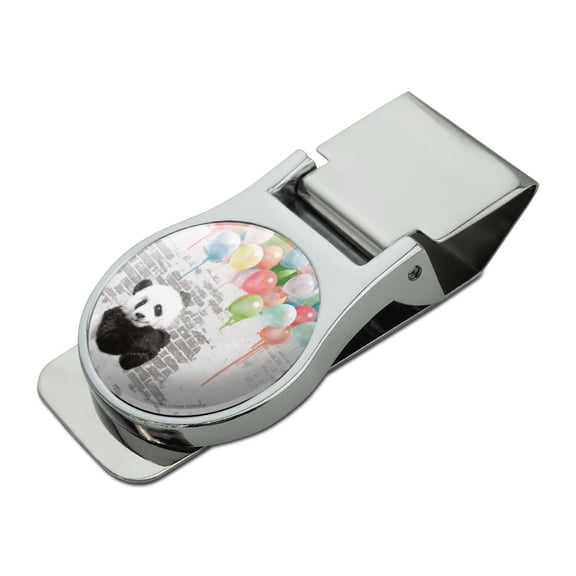 Panda Bear with Colorful Rainbow of Balloons Satin Chrome Plated Metal Money Clip