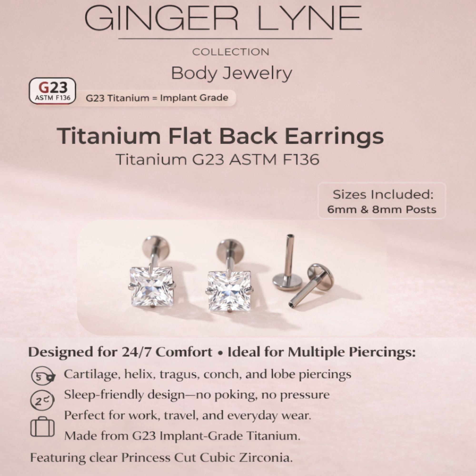 Princess Cut CZ 5mm Solitaire Flat Back Stud Earrings Titanium Body Piercings by Ginger Lyne 2 Sets Post 6mm 8mm