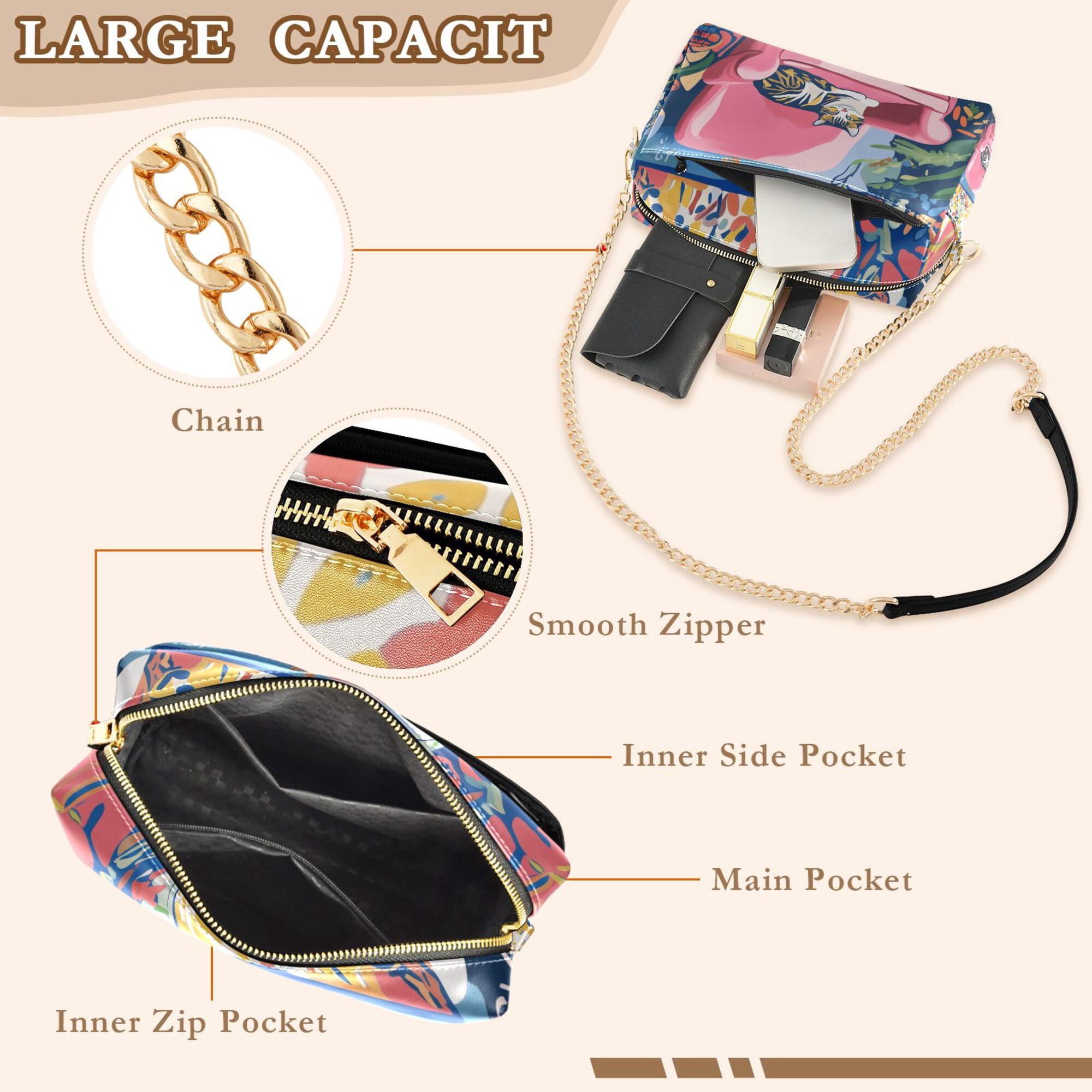 FORMRS Women Crossbody Purse with Chain Strap Vegan Leather Shoulder Handbag, Art Cat