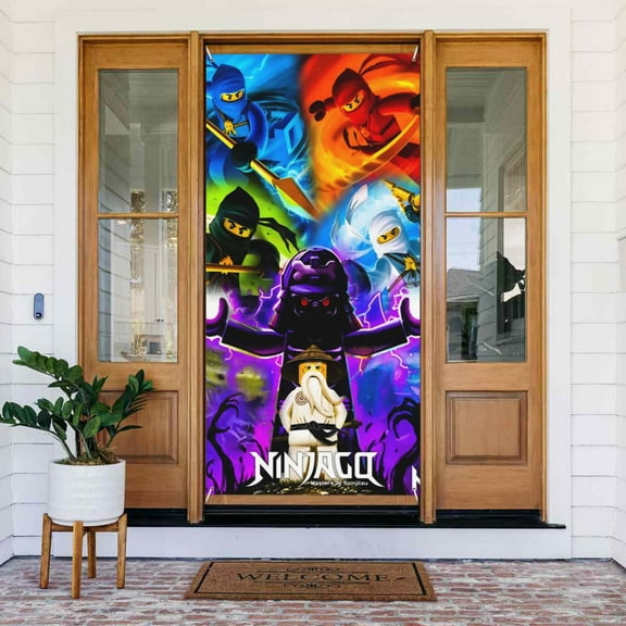 Ninjago Cartoon Door Cover Decorations Door Banner Porch Sign Banner For Indoor Outdoor Wall Home Party Supplies 72.8 x 35.4 Inch