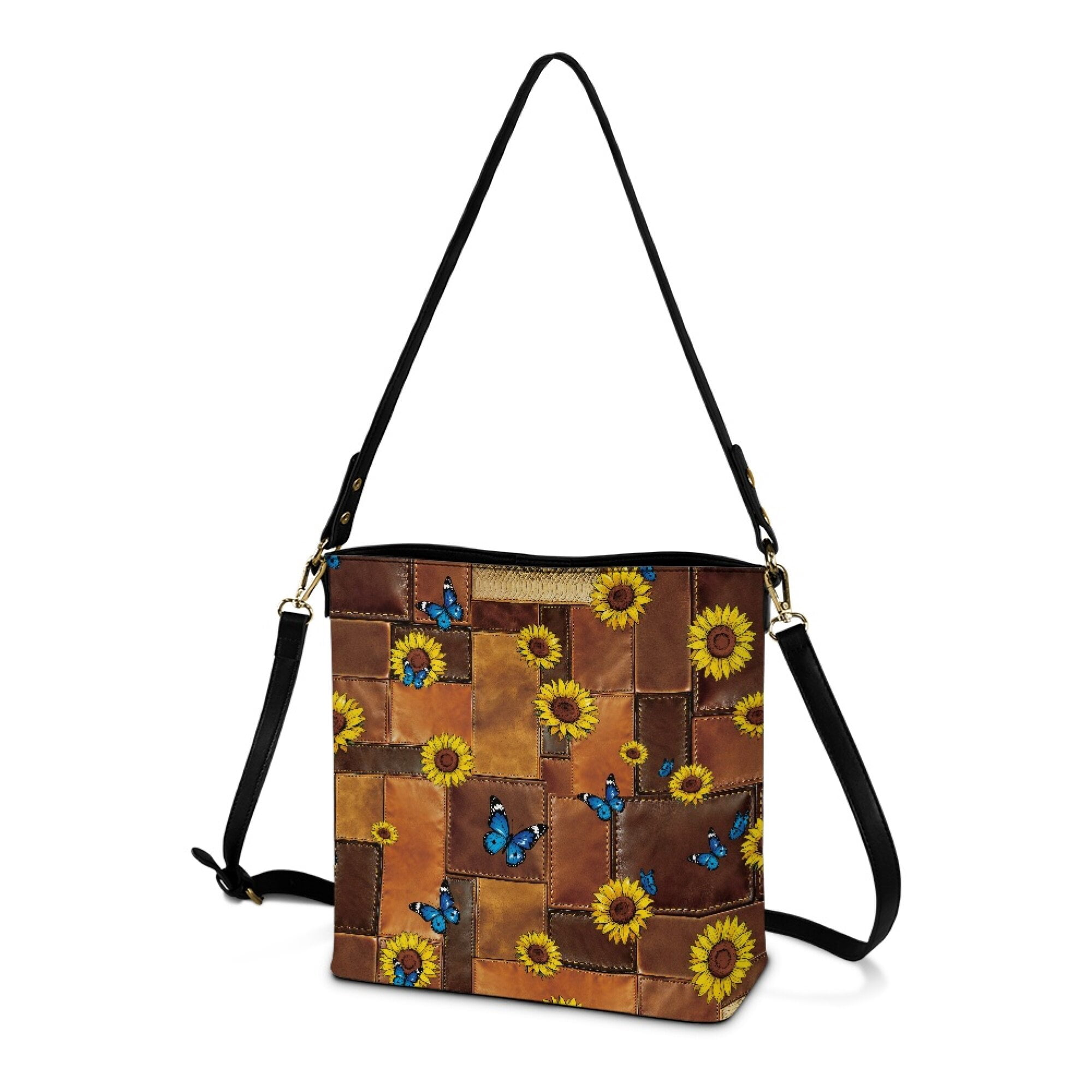 Kuiaobaty Sunflower Print Shoulder Crossbody Bag for Women, Butterfly Print Leather Hobo Satchel Purse with Adjustable Strap, Spacious Sturdy Bucket Tote Crossbody Bag for Travel, Brown