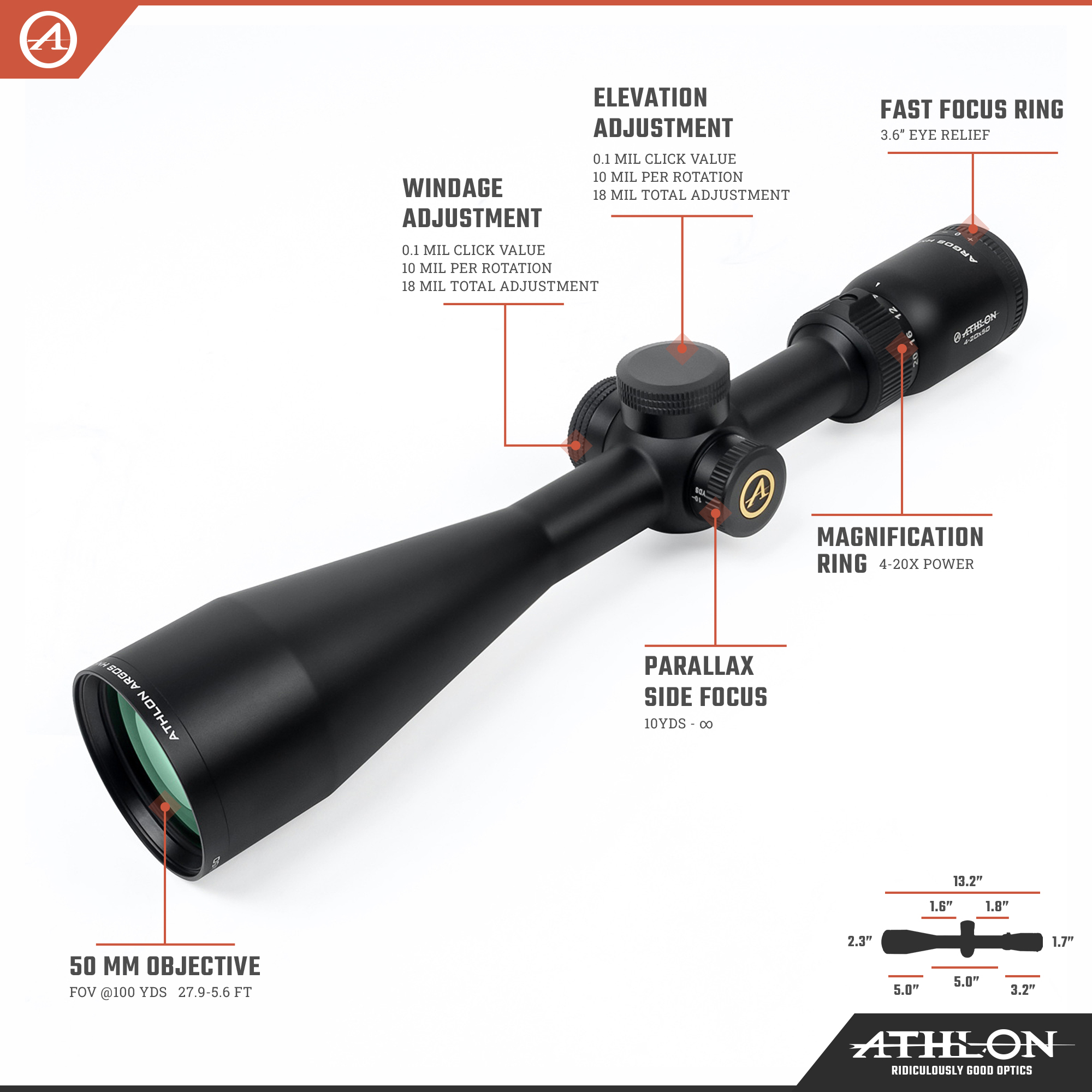 Athlon Optics Argos HMR Rifle Scope 4-20x 50mm Illuminated Mil Dot Reticle Matte Black