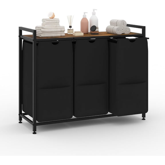 3-Section Laundry Hamper with Shelf, Pull-Out 48L Bags, Metal Frame Laundry Sorter with 3 Compartments, Black