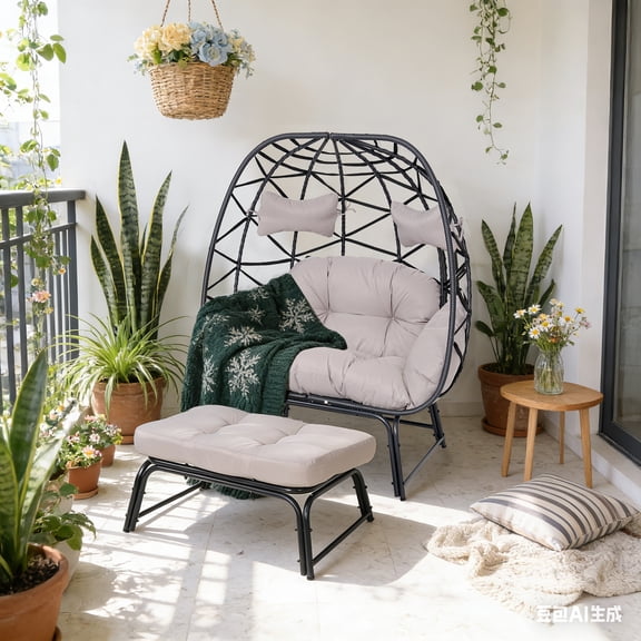 FKSLIFE 2 Person Wicker Egg Chair With Ottoman Cushion Large Egg Basket Chair With Footrest For Outdoor Indoor Patio Balcony Garden