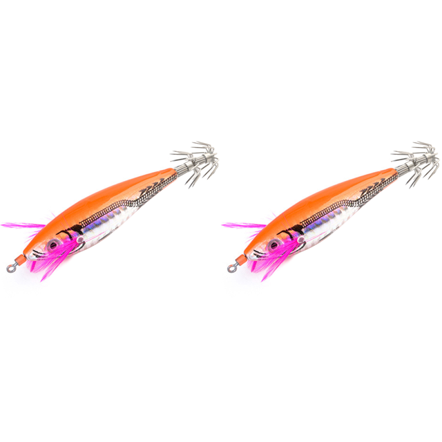 2uds. Señuelo de calamar y camarón de madera, ojos 3D de 7cm con anzuelos, cebo para amantes de la pesca, color naranja