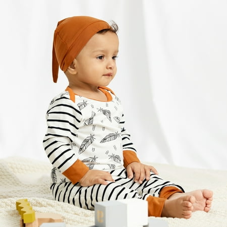 

Newborn Baby Boys Stripe and Feather Print Outfit Winter Clothes Set 3pcs Roundneck Long Sleeve Shirt Top with Elastic Wasitband Warm Hat Infant Boy Cotton Comfy Pajamas Set Sleepwear 0-12Month
