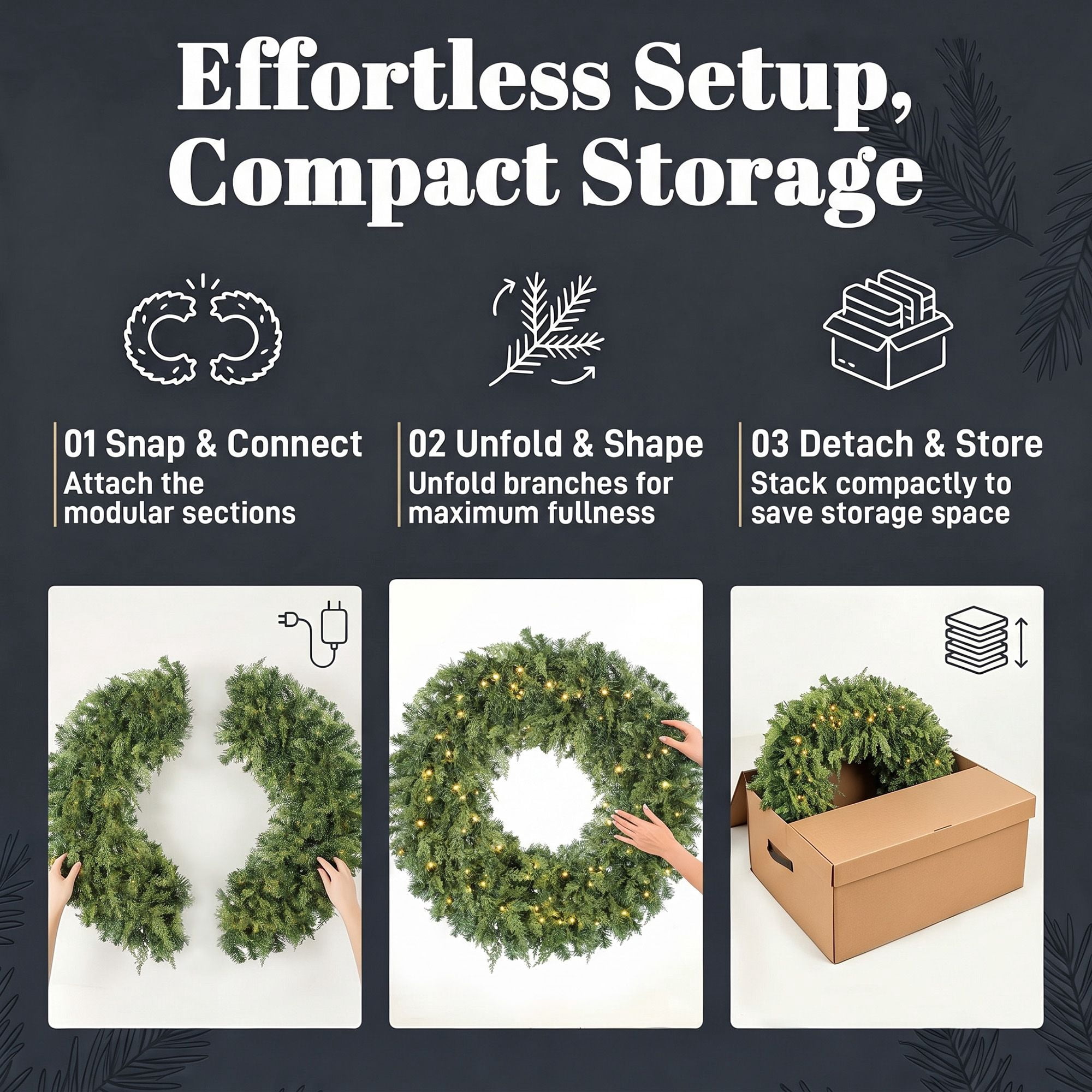 Pre-Lit Artificial Christmas Wreath, 36-Inch Cedar-Style Greenery with 100 Warm White LED Lights, 8 Lighting Modes, 360 Tips, Indoor and Covered Outdoor Holiday Decor for Front Door, Porch, or Mantel