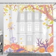 thumbnail image 1 of Whimsical Halloween Shower Curtain - Grey House, Ghosts, Pumpkins & Stars, 1 of 5