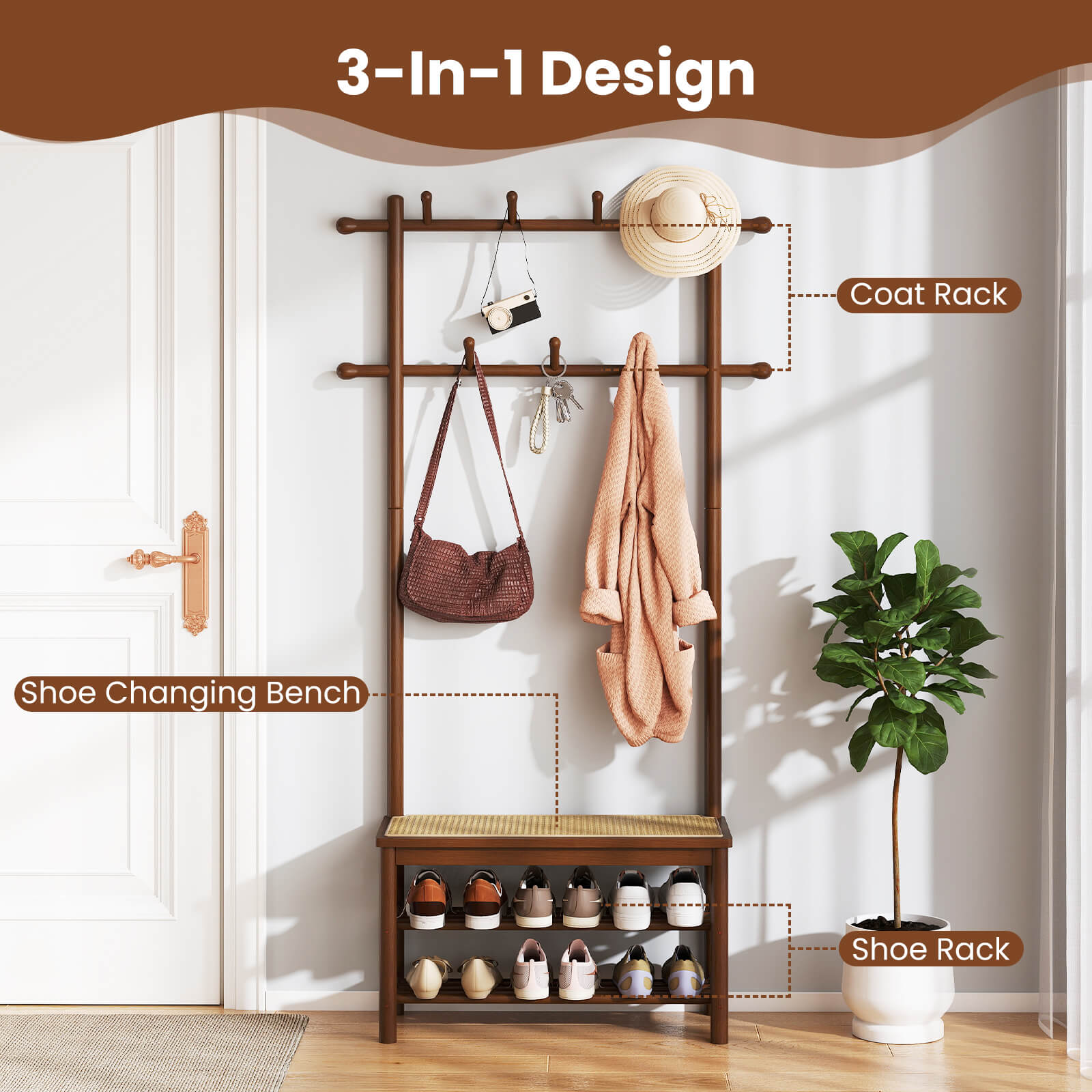 Costway Bamboo Coat Rack with Bench Shoe Storage 2 Hanging Rods 11 Hanging Hooks Shelves Brown