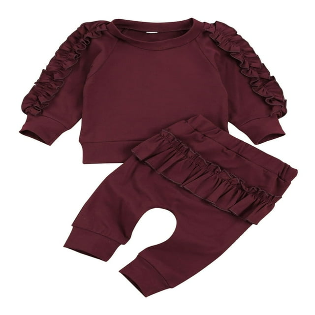 PENGXIANG 2PCS Newborn Infant Kids Baby Girls Long Sleeve Ruffle Top and Pants Fall Winter Outfits Red 18-24 Months