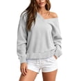 thumbnail image 2 of Mutghys Off the Shoulder Sweatshirt for Women V Neck Solid Color Long Sleeve Pullover Sweater Home Daily Shopping Loose Comfy Fall Sweatshirts S-2XL, 2 of 8
