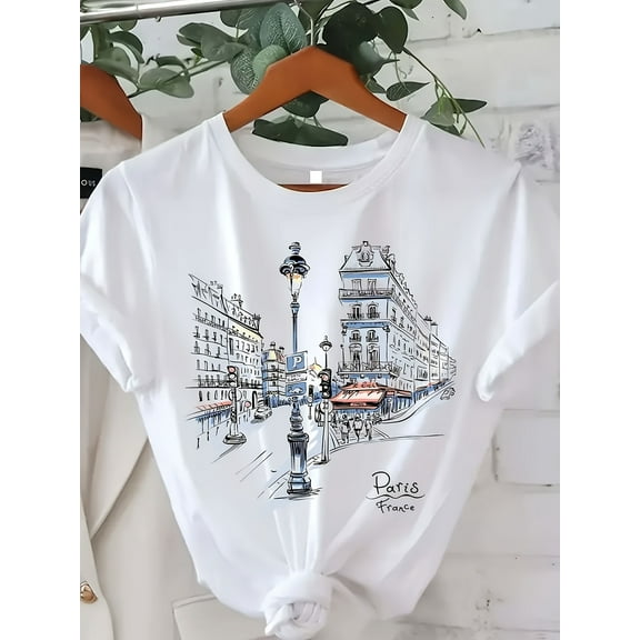 Paris Street Printed T-shirt, Short Sleeve Round Neck Casual Top, Summer and Spring, Women's Clothing