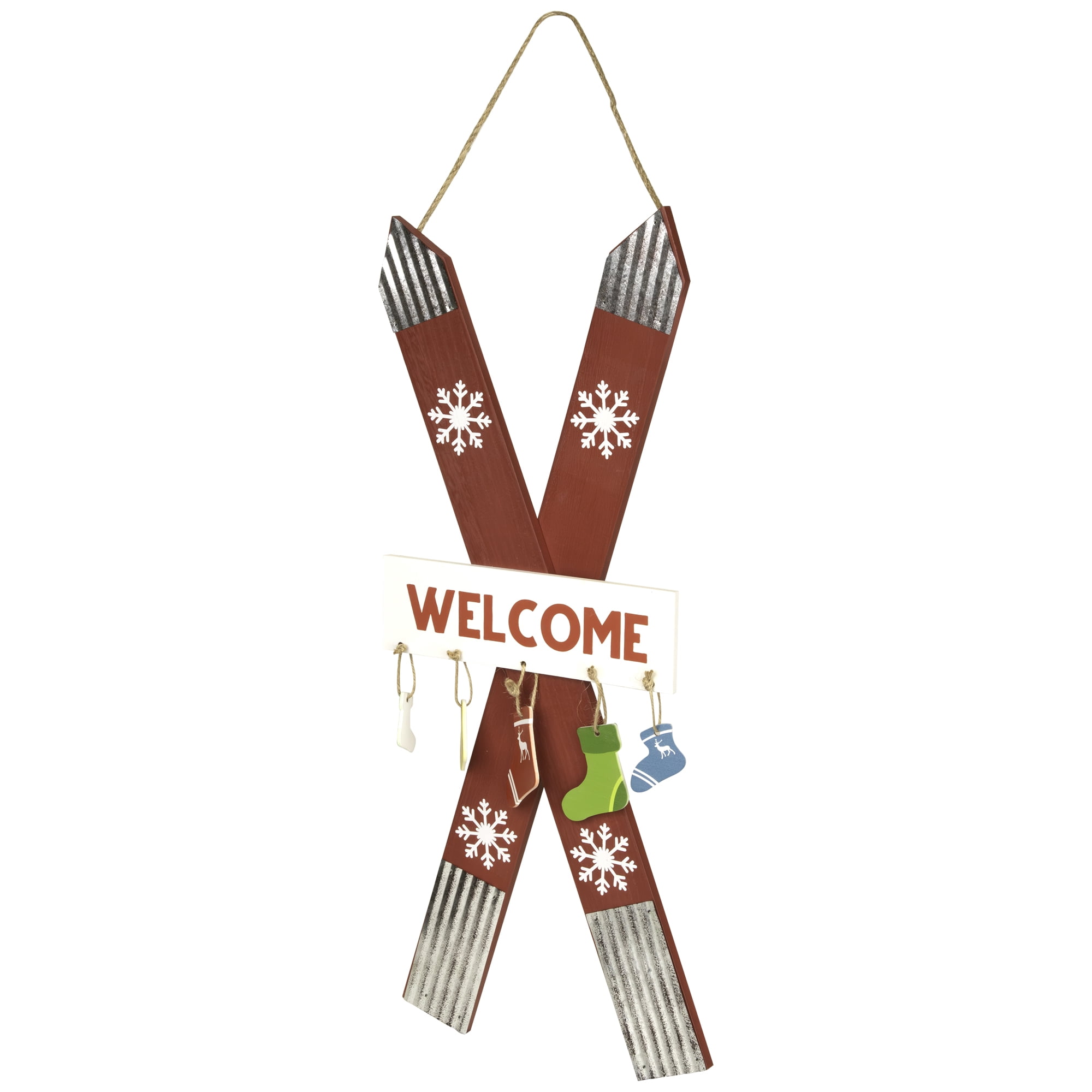 Northlight Wooden Welcome Skis with Christmas Stockings Hanging Decoration - 23.5"