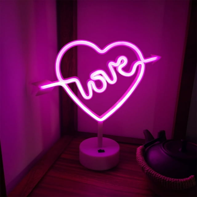 Panneau Néon LED, Lumière Néon en Forme de Cœur Alimentée par Batterie/usb Lampe Néon Colorée avec Support Base Lumière de Table Décorative pour Fête d'Anniversaire Bar
