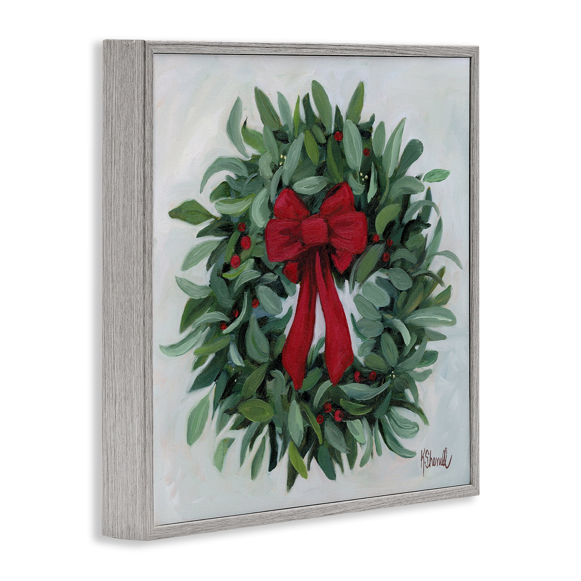 Stupell Industries Wreath with Red Bow Holiday Painting Gray Framed Art Prints Wall Art, 12 x 12