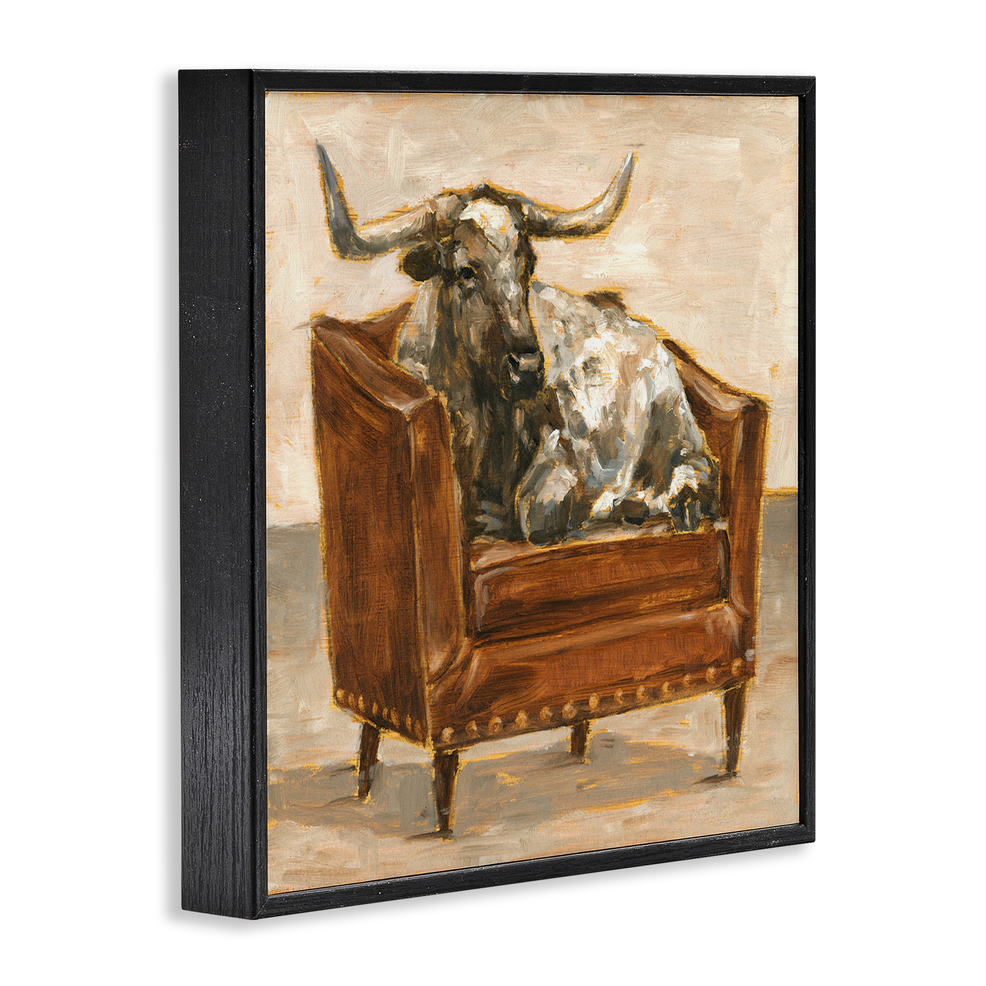 Stupell Industries Brown Bull Resting in Chair Painting Animals & Insects Painting Black Framed Art Print Wall Art, 24 x 24