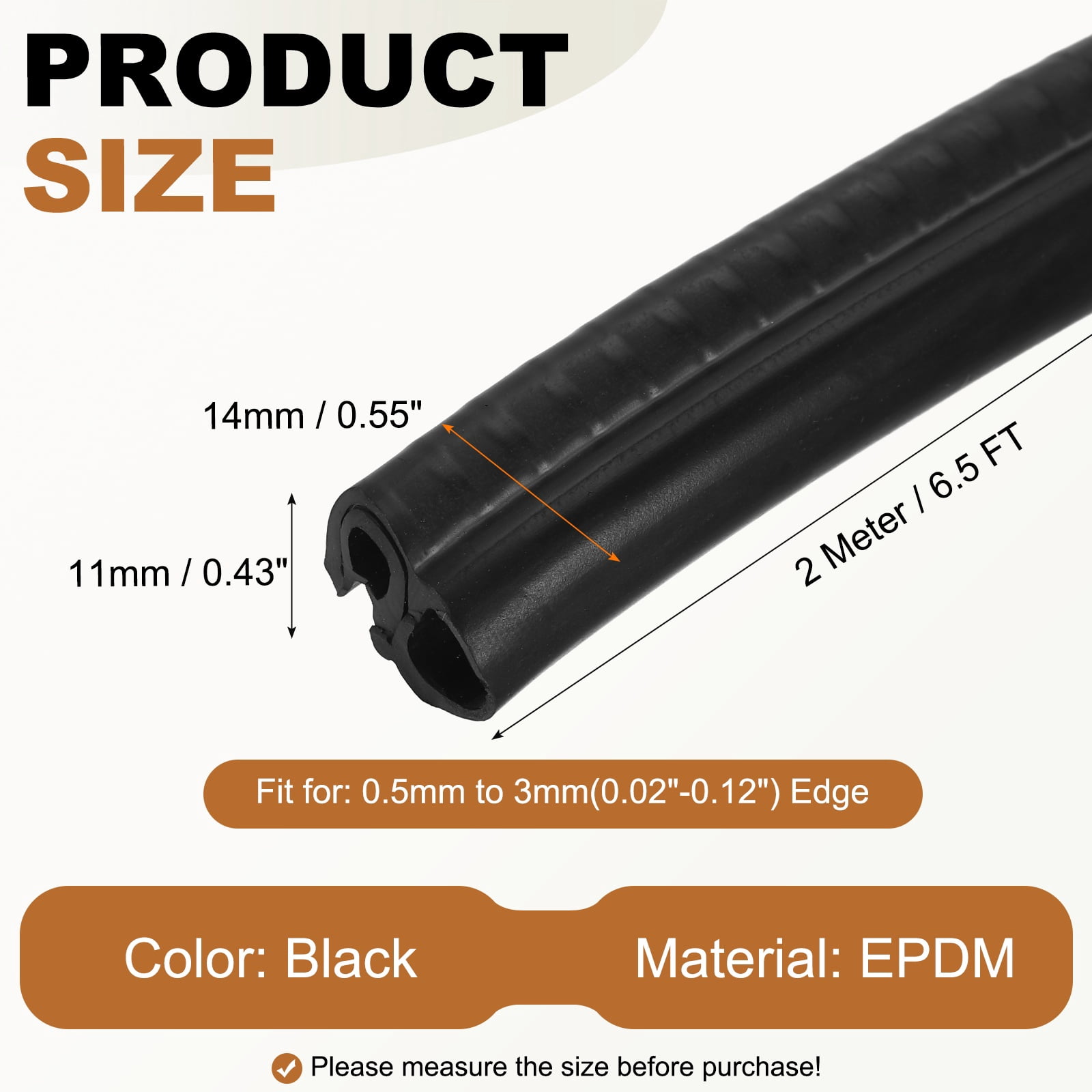 Door Weather Stripping 6.5FT, 14mm W x 11mm H EPDM Car Door Rubber Edge Trim Seal Strip Gasket with Side Bulb Fit 0.5mm to 3mm Edge for Electrical Cabinet Car Boat RV Truck, Black
