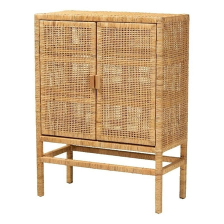 Pemberly Row Brown Rattan and Mahogany Wood 3-Shelf Storage Cabinet