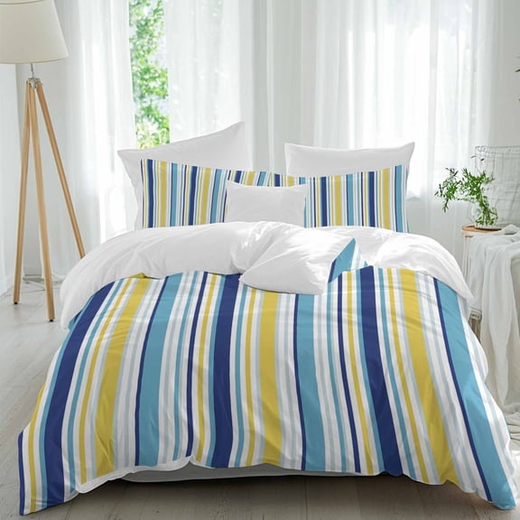 3 Piece Blue Yellow Striped Duvet Cover Set California King,Microfiber Comforter/Quilt Cover with Corner Ties and 2 Pillowcases,Farmhouse Navy Blue Ombre Stripes Soft Bedding with Zipper Closure