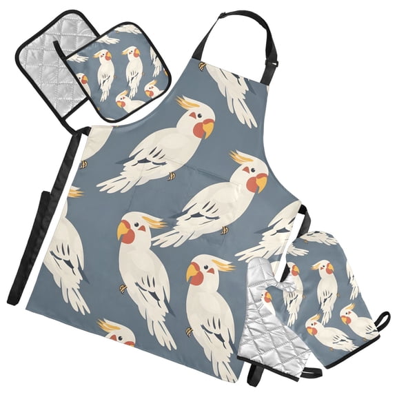 Birds Parrot Corella 5 Pcs Kitchen Set Heat Resistant Oven Mitts and Non-Slip Pot Holders with Adjustable Cooking Apron