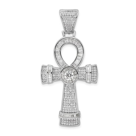 Auriga Fine Jewelry 925 Sterling Silver Rhodium-plated Polished CZ Ankh Cross Pendant for Women (L - 2.14 inch, W - 26.4 inch)