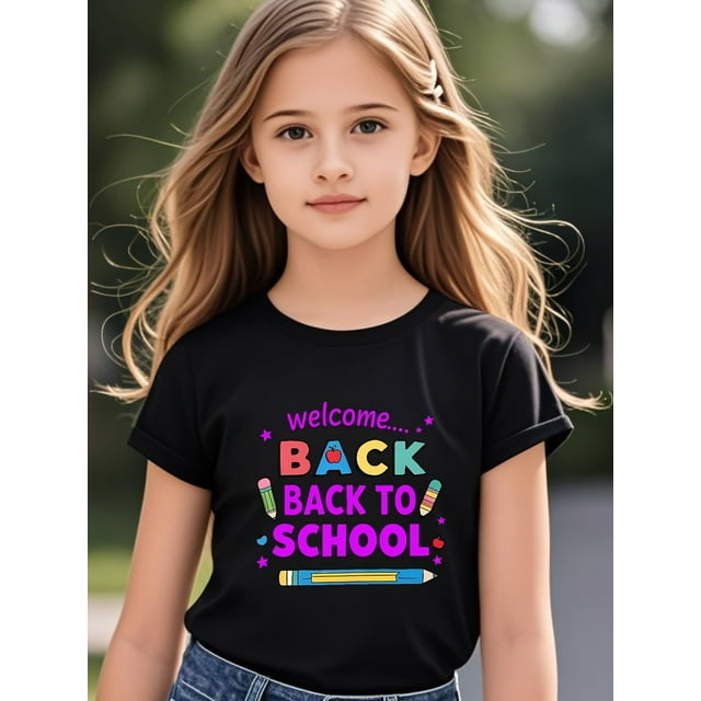 T-Shirt Fille "Welcome Back to School" - Coton Confortable, Imprimé Dessin Animé Coloré, Manches Courtes, Style Décontracté d'Été avec Graphiques Crayon & Arc-en-Ciel, Fournitures Scolaires pour Fille
