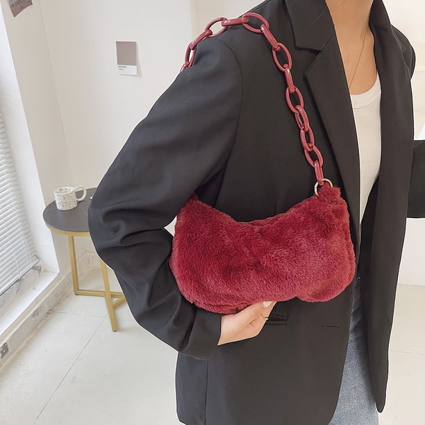 Bolso retro para mujer con cadena de acrílico y felpa para las axilas, Bolso informales (rojo vino)
