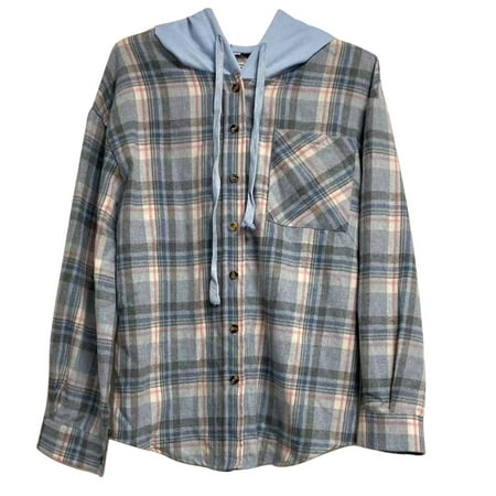 

Women s Plaid Long Sleeve Shirt Button Down Wool Blend Thin Jacket Casual Blouse Tops with Pocket