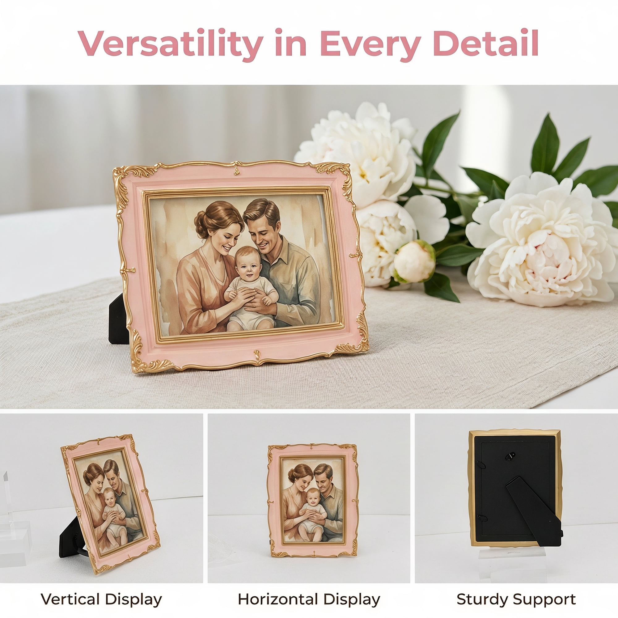 Unique Bargains Resin Traditional Photo Frame for Desk Gallery Wall Pink 5" x 7"
