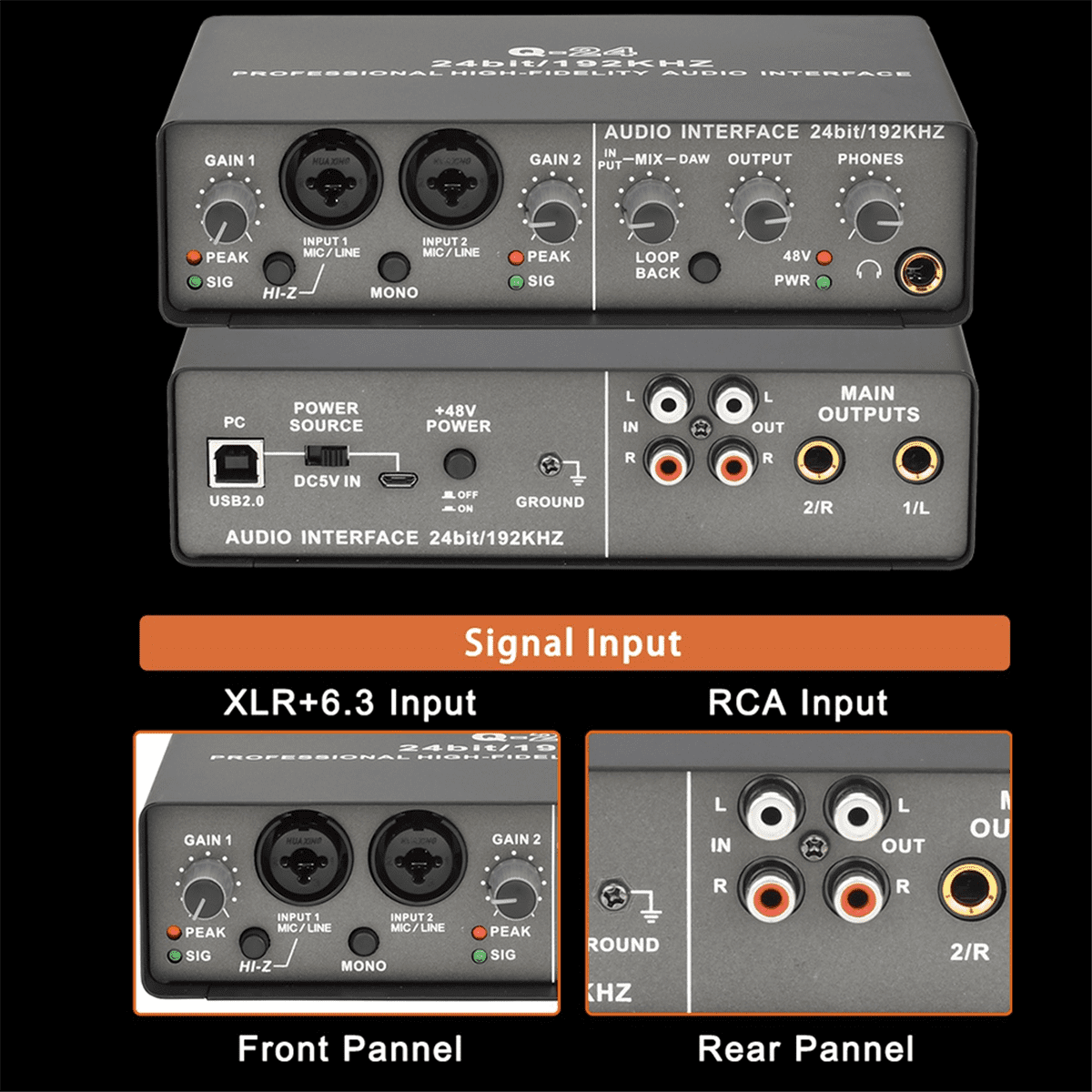 Professional 24Bit 192KHz Audio Interface 2 Input Sound Card for