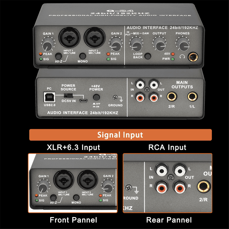 Professional 24Bit 192KHz Audio Interface 2 Input Sound Card for
