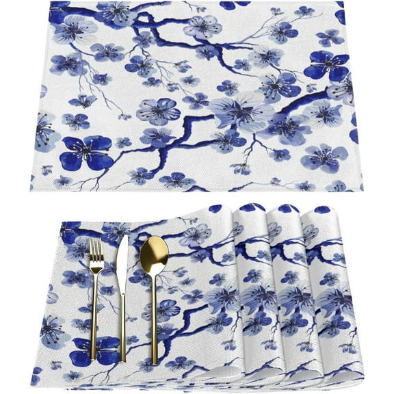 Watercolor Cherry Blossoms Placemats Set of 6 Fabric Placemats Square Placemat for Kitchen Table Heat Resistant, Easy to Clean Table Placemats 12x18 Inch