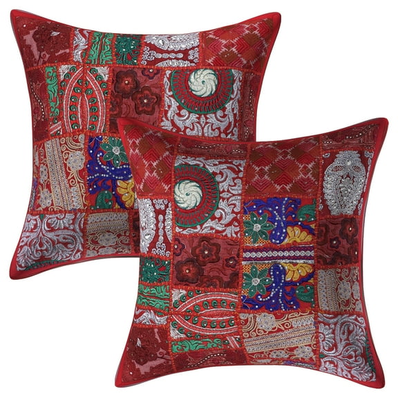 Stylo Culture Ethnic Cotton Decorative Throw Pillow Covers Red 18 x 18 Bohemian Vintage Patchwork Ethnic Sofa Cushion Covers 45x45 cm Home Decor Abstract Square Pillow Cases | Set Of 2