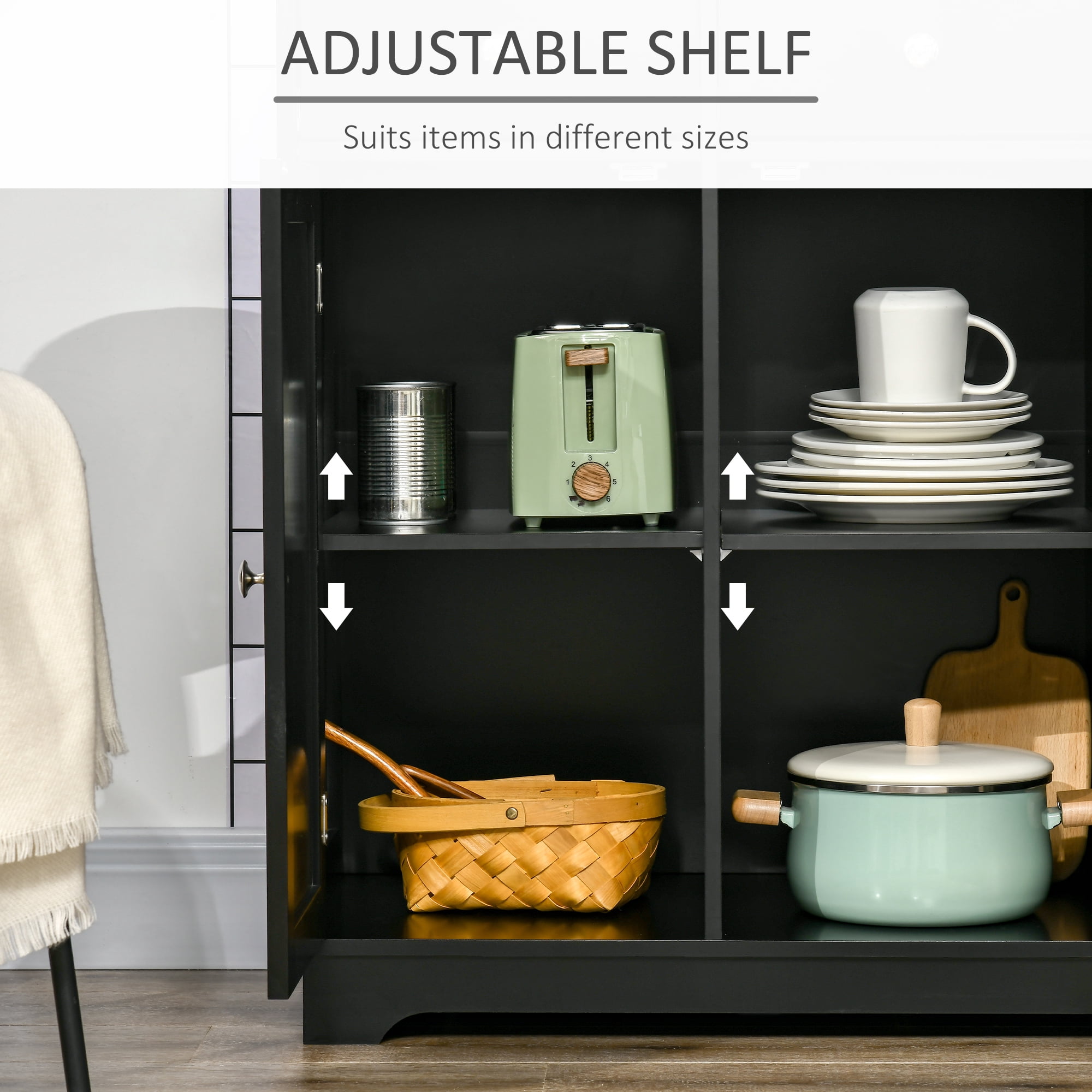 HOQBN Sideboard Buffet Cabinet with Rubberwood Top and Adjustable Shelves, Multipurpose Storage Furniture for Dining Room and Kitchen, Black