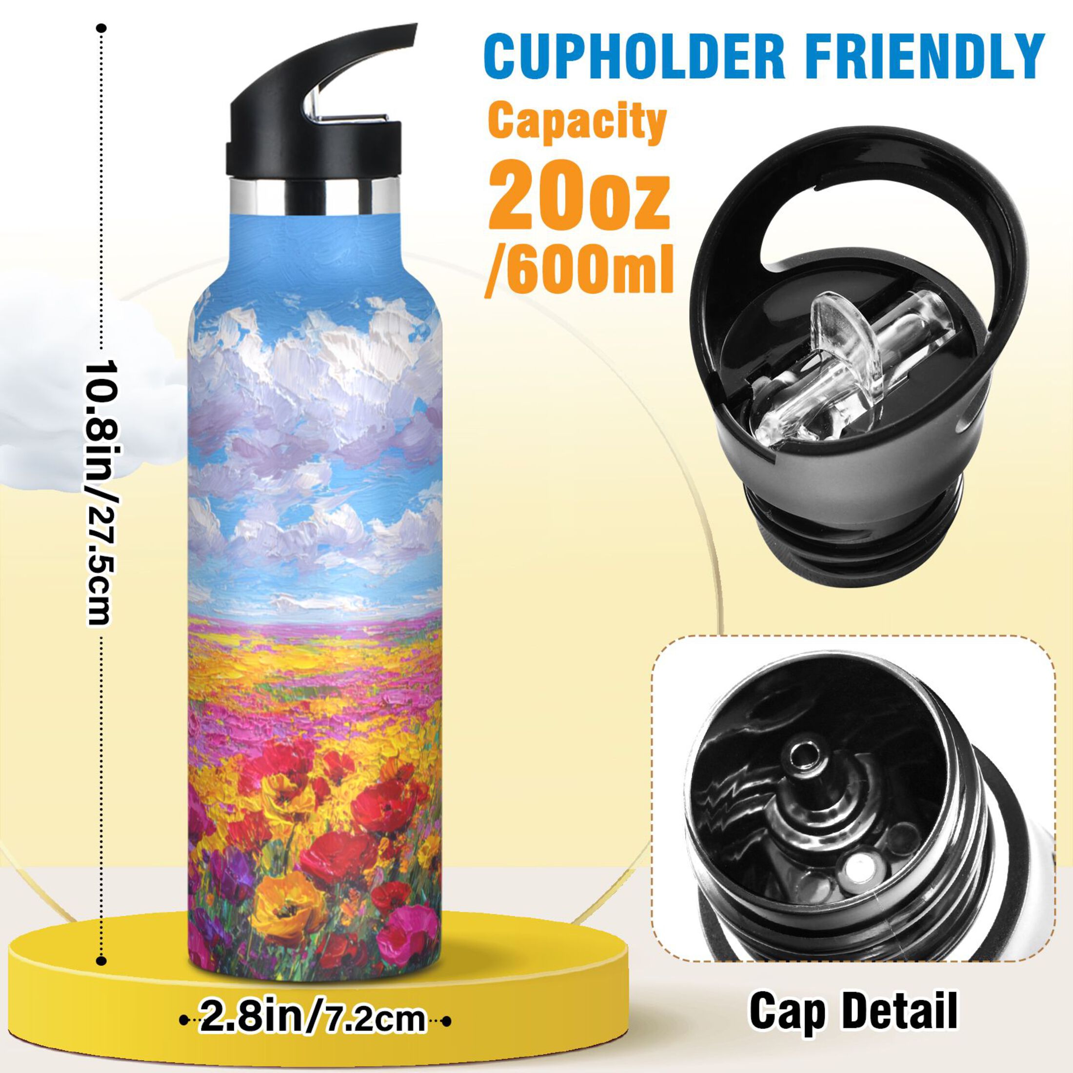 Kids Insulated Stainless Steel Sports Water Bottle 600ml (20oz) Colorful Floral Landscape