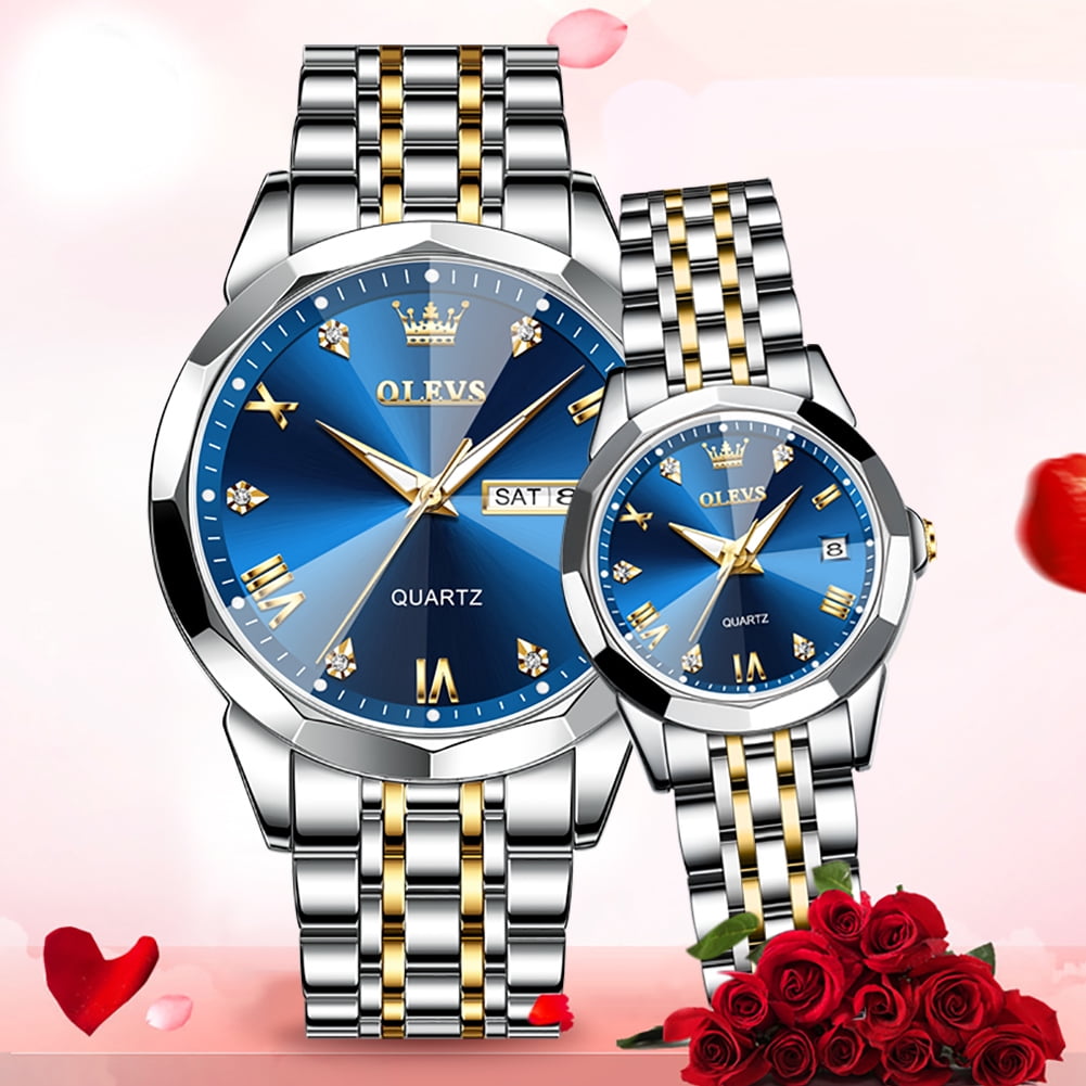 OLEVS Valentines Couple Pair Quartz Watches Luminous Calendar Date Window 3ATM Waterproof, Casual Stainless Steel His and Hers Wristwatch for Men Women Lovers Wedding Romantic Gifts Set of 2