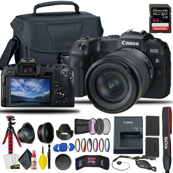 Canon EOS RP Mirrorless Digital Camera with 24-105mm F/4-7.1 Lens + Extra Canon Battery, Creative Filters + EOS Camera Bag + Sandisk Extreme Pro 64GB Card + Cleaning Set, + More