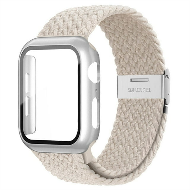 ALMNVO Braided Solo Loop Band Compatible with Apple Watch Bands with Case 45mm 44mm 42mm ,Stretch Nylon Elastic Strap with Glass Screen Protector Case for iWatch Series 7 6 SE 5 4 3 2 1