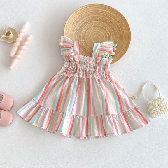 WOYY Girls Colorful Striped Smocked Tiered Dress Flutter Strap Casual Dress