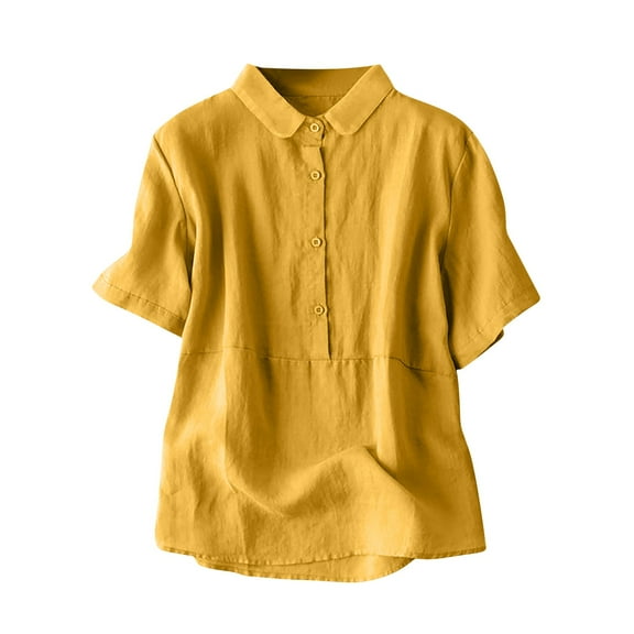 hotojiny Cotton Linen Shirts for Women Short Sleeve Button Loose Fit Blouses Cute Beach Vacation Casual Tunic Tops