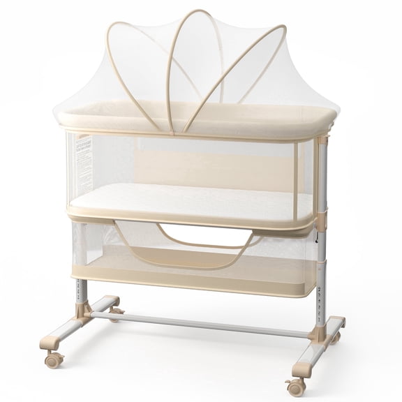 AILEEKISS Bedside Bassinet for Newborn, 6 Height Adjustable Baby Bassinet with Mosquito Net, Beige